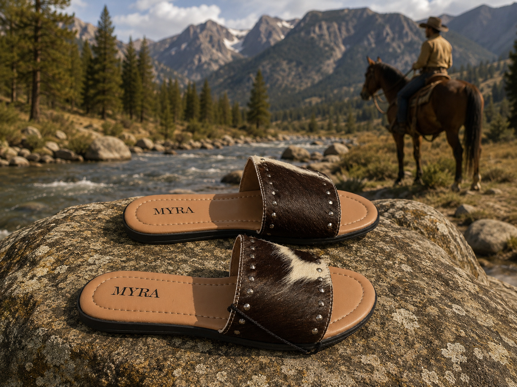 Myra Wild Dust Hair-on Leather Sliders - lifestyle shot by mountain river