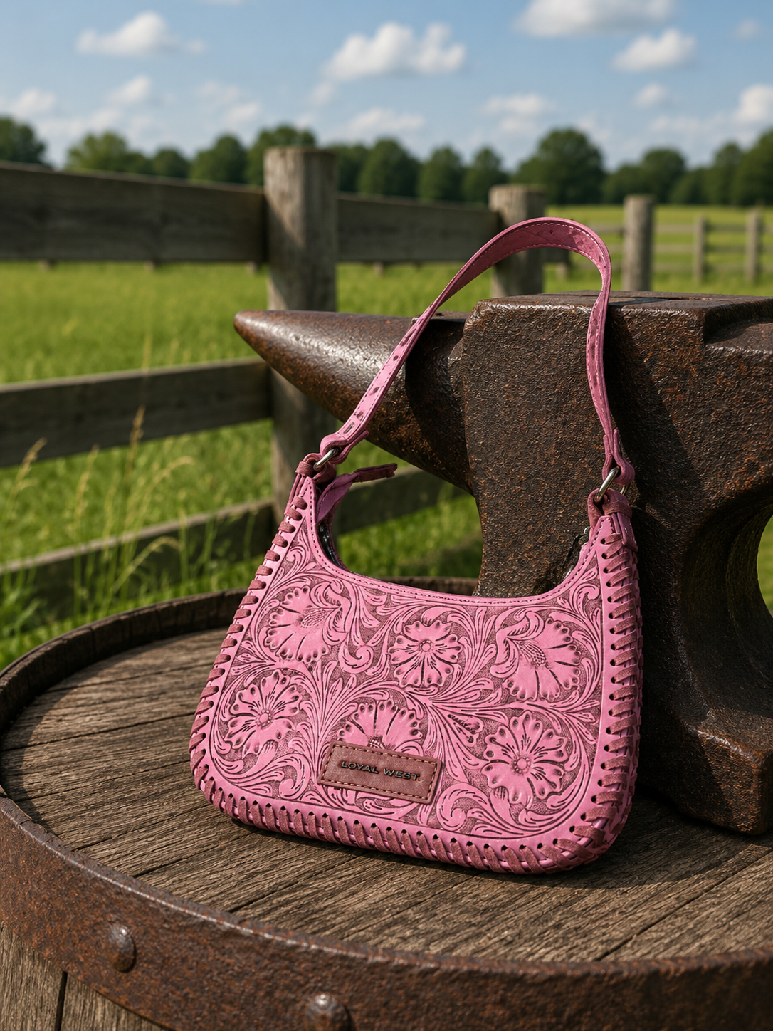 Loyal West Dannia medium purse in pink showing back view with Loyal West brand label