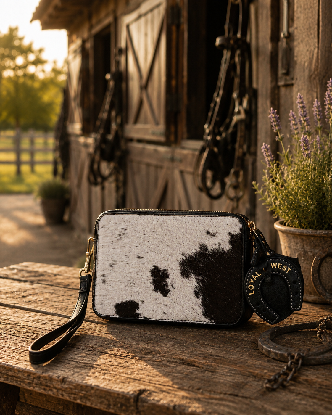 Loyal West Shell Mini Purse in black and white cowhide on rustic wooden table with wrist strap and Loyal West horseshoe charm