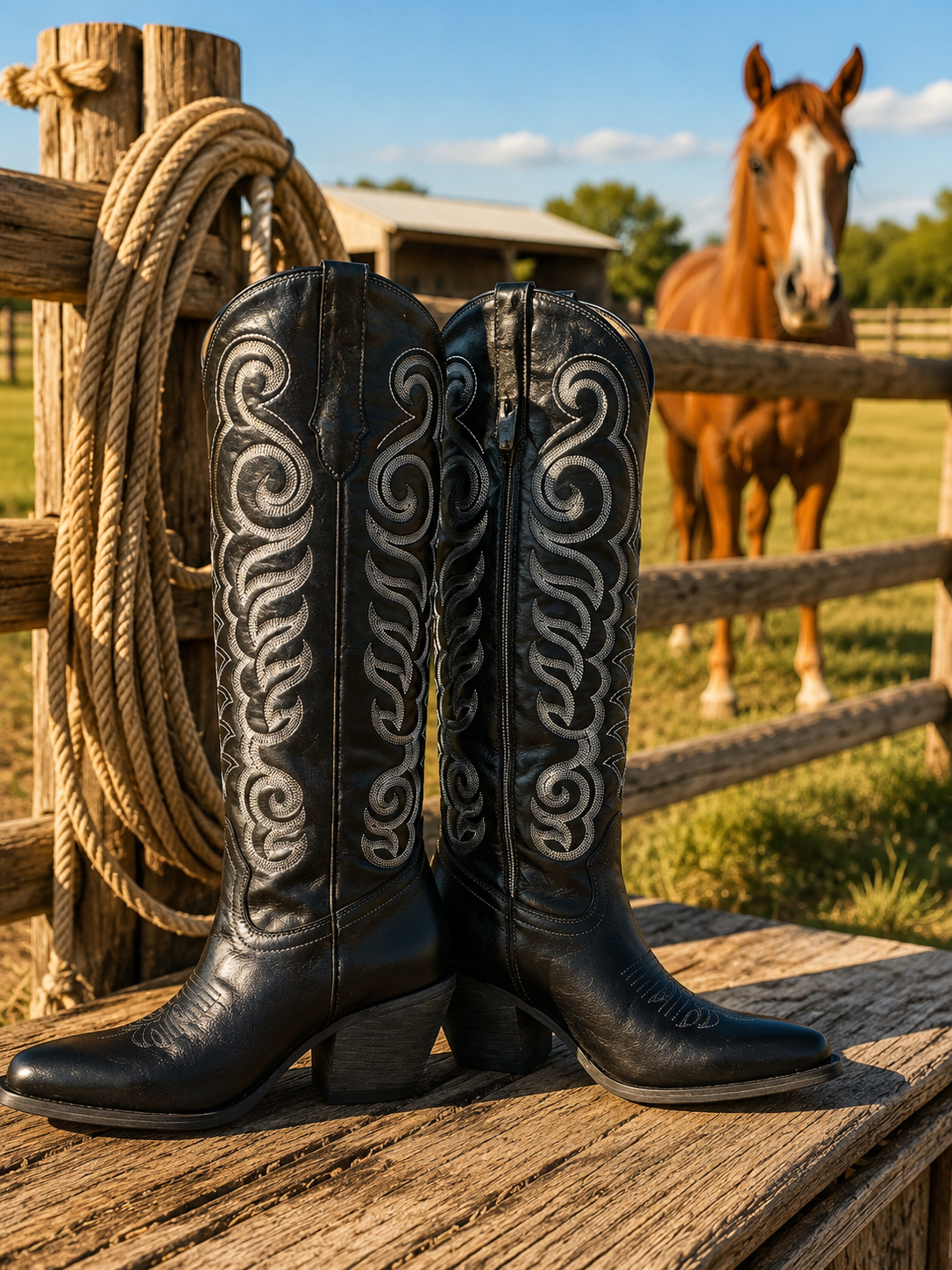 Nalejandra Boots in Ebony - side view showing shaft embroidery