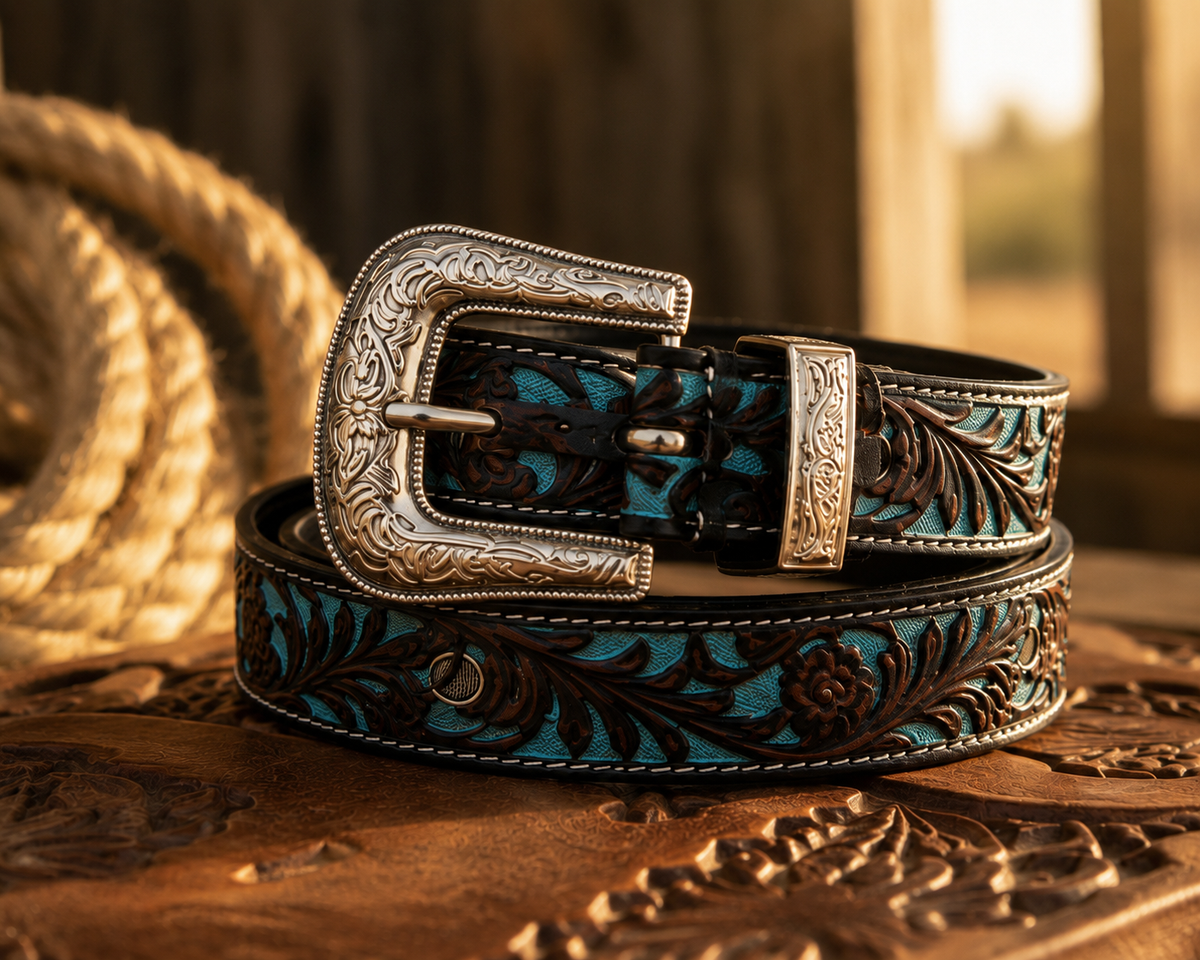 Turquoise floral tooled leather belt coiled on rustic wooden surface