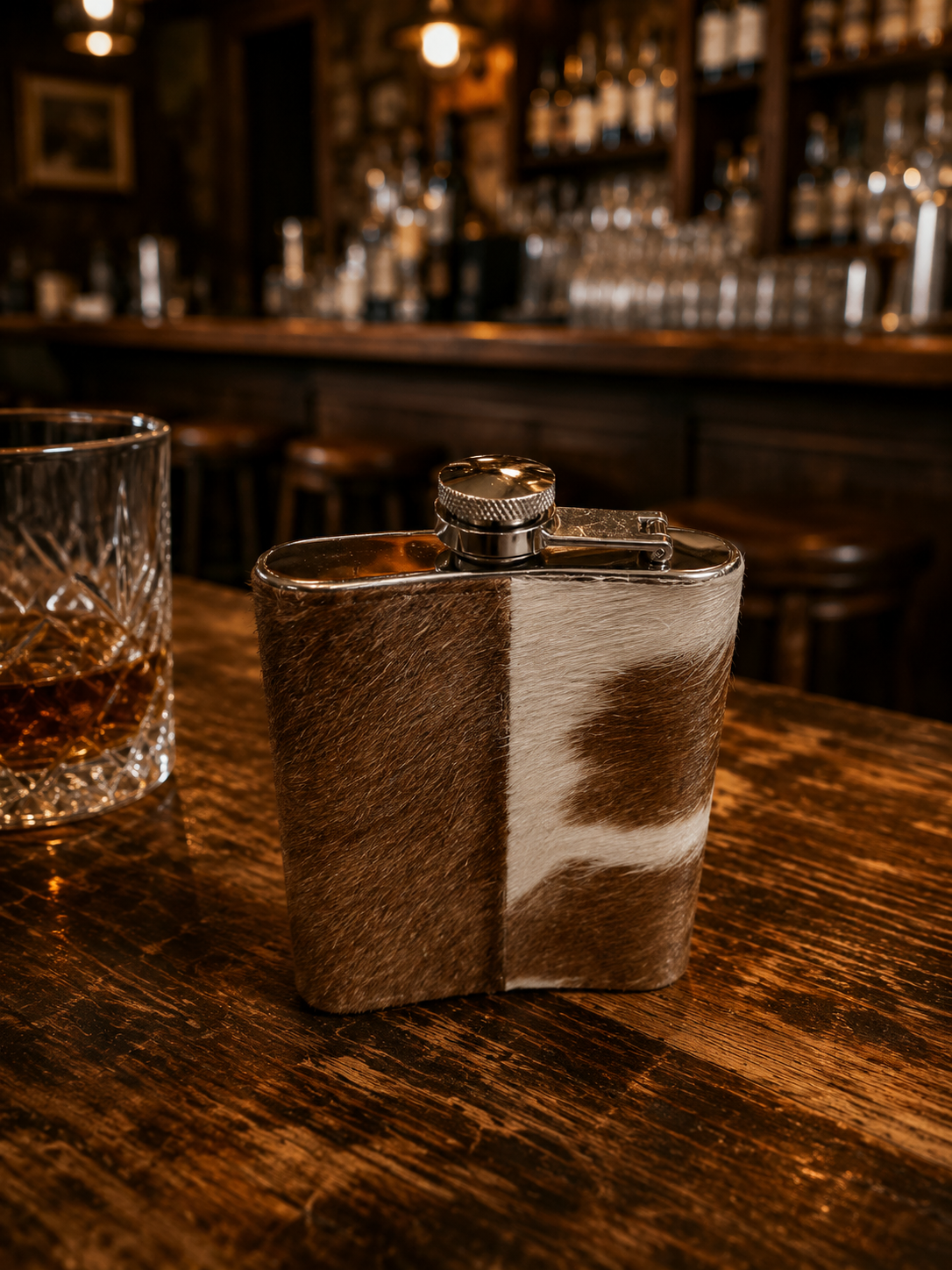 Mountain Trail Flask in Caramel Hair-on Hide - side view