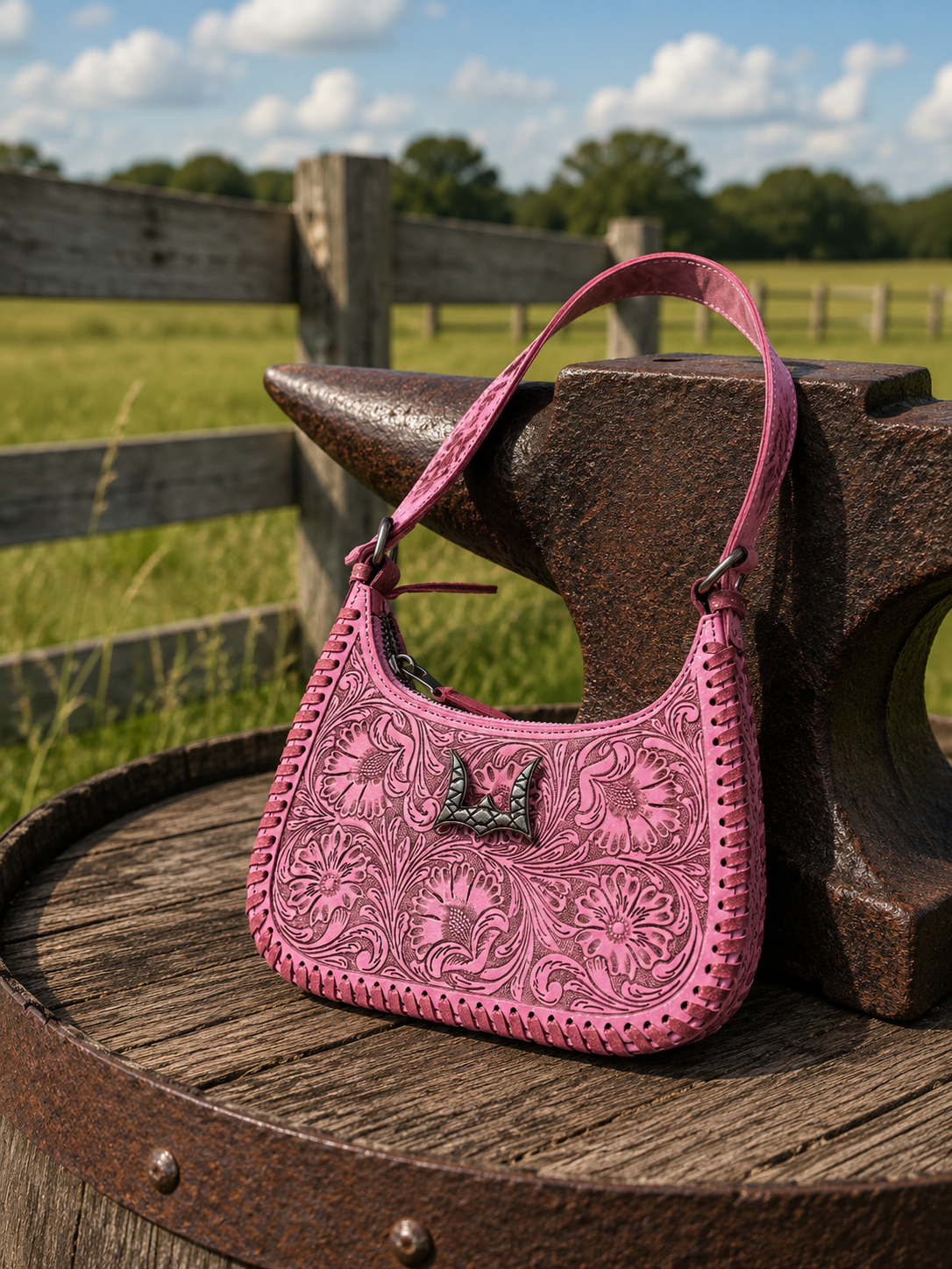 Loyal West Dannia medium purse in pink showing front hand-tooled floral detail with turquoise clasp