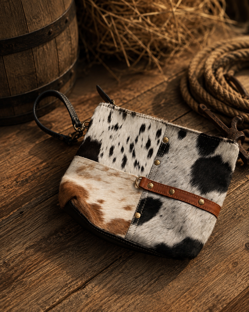 Tyler Ridge Hair-on Hide Pouch - lifestyle shot on rustic wood with barrel and rope