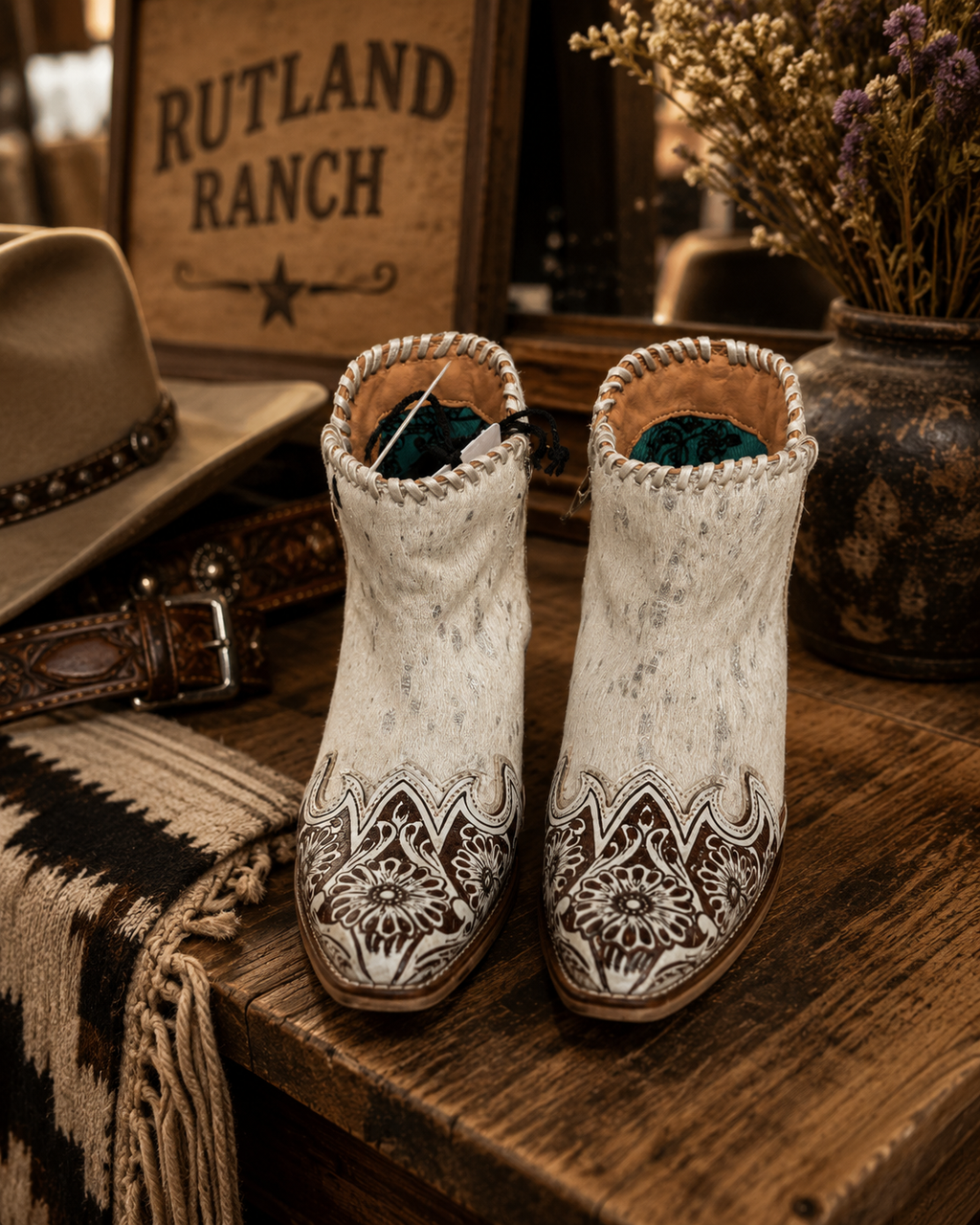 Sierra Belle handtooled leather booties in almond white top-down view showing turquoise lining and Rutland Ranch branded setting