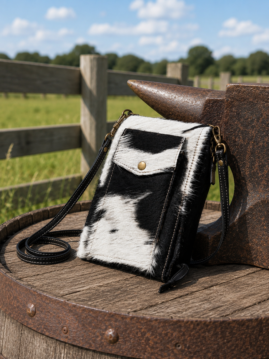 Wild Chic phone case bag front view showing black and white cowhide pattern with front pocket