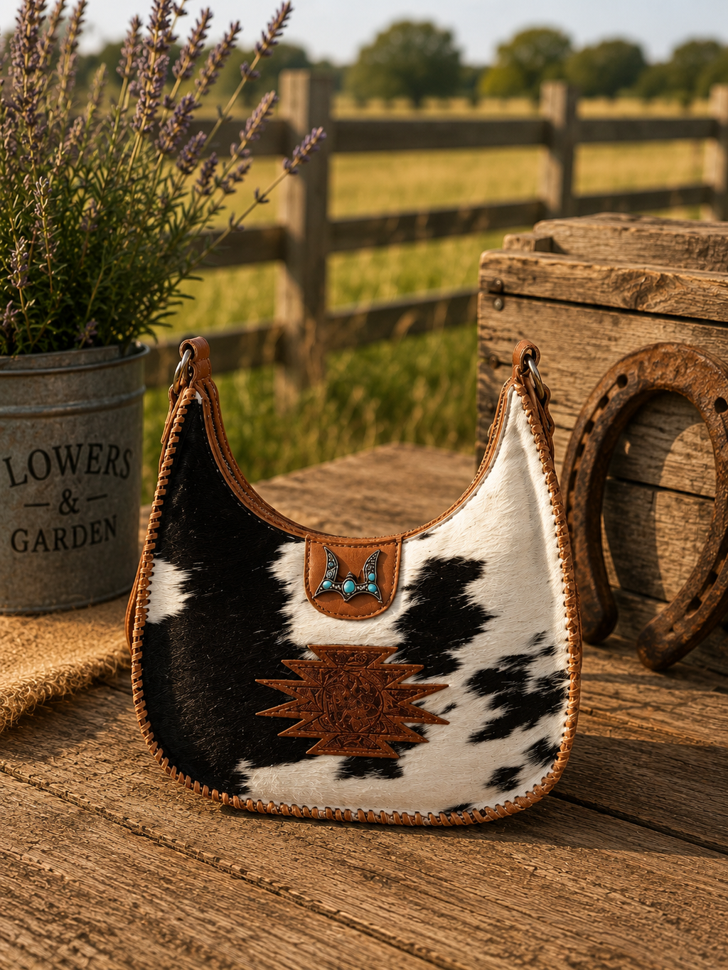 Loyal West Desert Desire large bag showing hand-tooled Aztec patch and turquoise longhorn hardware detail