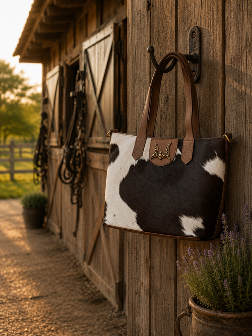 Dakota Medium CrossBody Black & White Cowhide - hanging on barn hook
