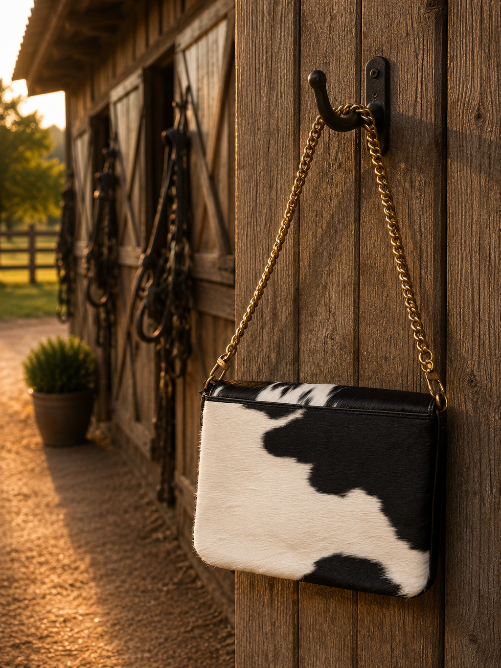 Loyal West On The Go Medium Chain Bag in Cowhide - hanging on barn hook