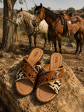 Myra Chappy Hair-on Leather Sandals - lifestyle shot with horses on rocks