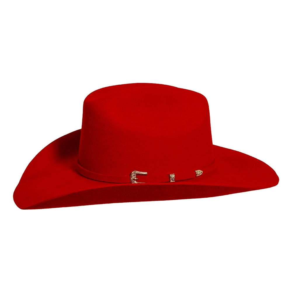 Side view of the red Cattleman wool felt cowboy hat showing the three-piece buckle band
