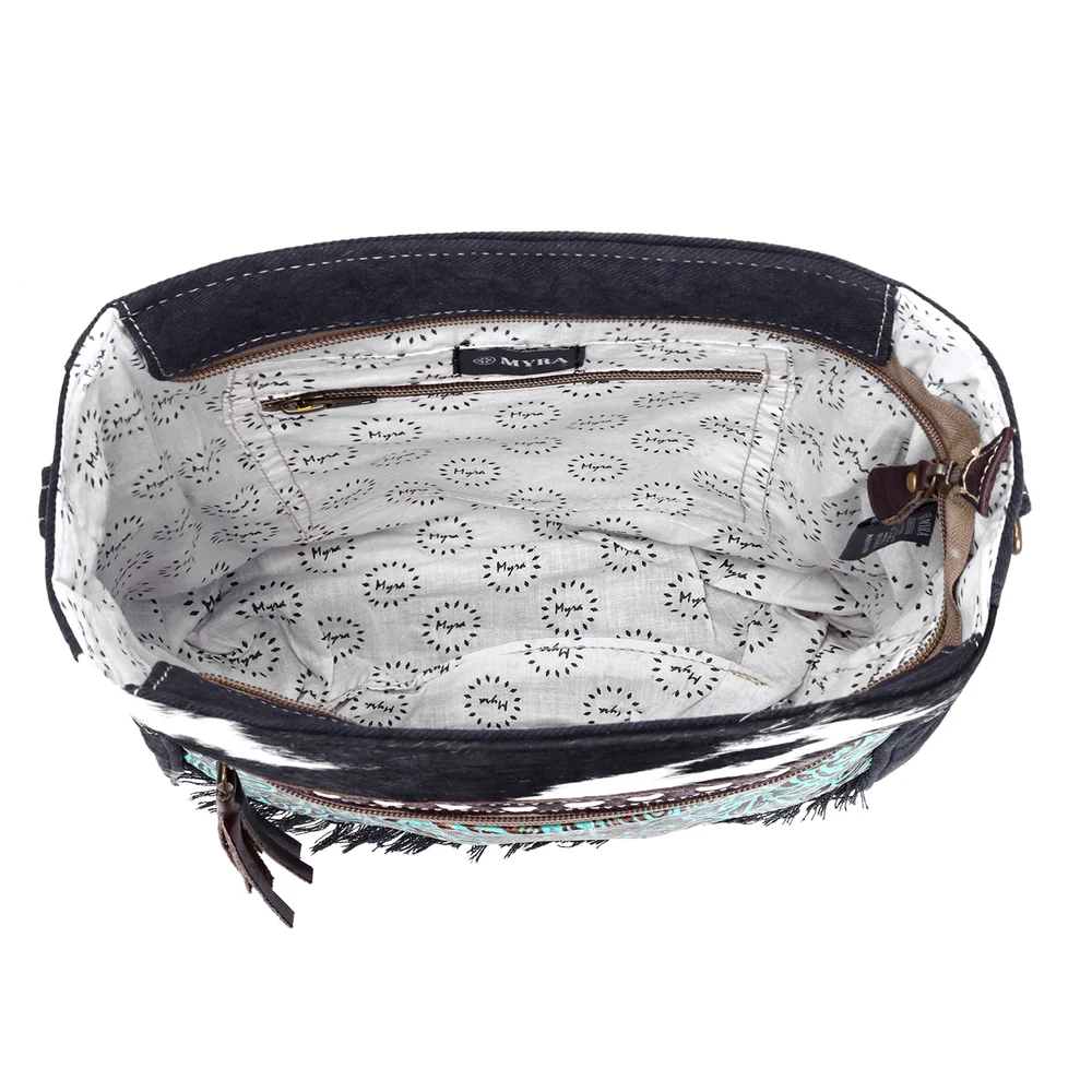 Forest Sky Shoulder Bag - interior view showing Myra branded lining and zip pocket