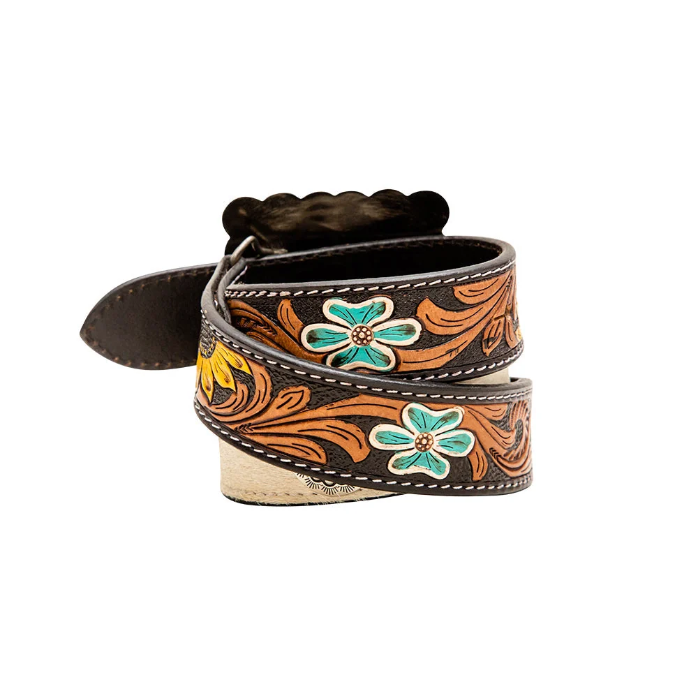 Klepto Hand-Tooled Concho Women's Belt - detail of hand-tooled floral leather strap with turquoise flowers