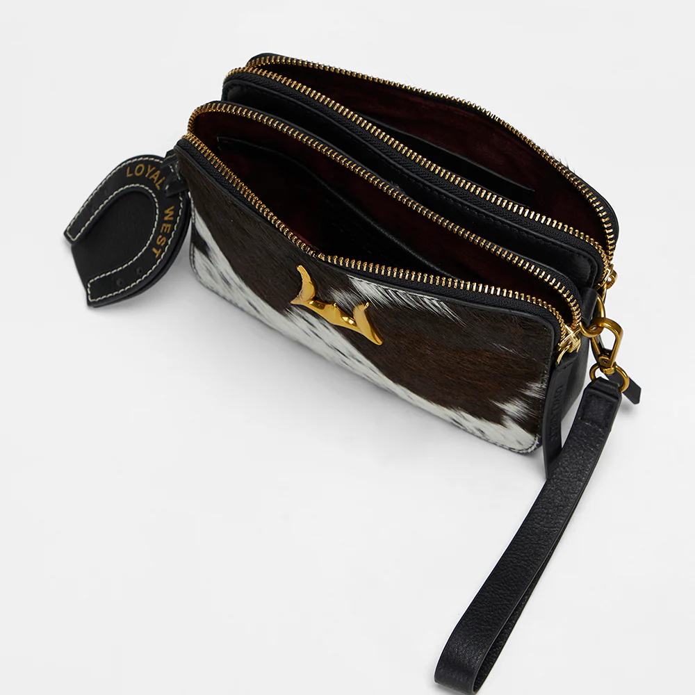 Loyal West Shell Mini Purse open showing dual zip compartments and rich brown leather interior lining