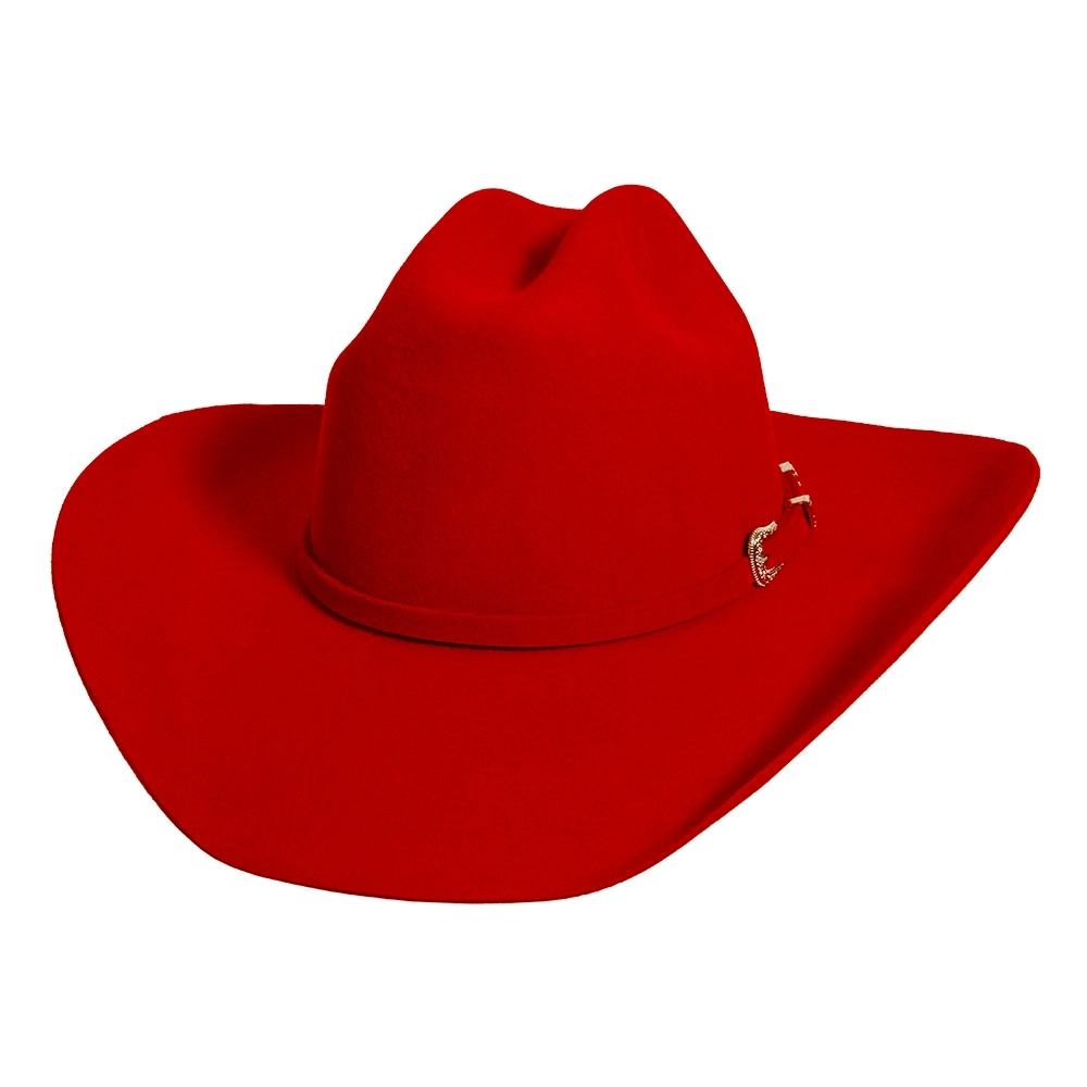 Red Cattleman wool felt cowboy hat with matching felt band and buckle, angled view
