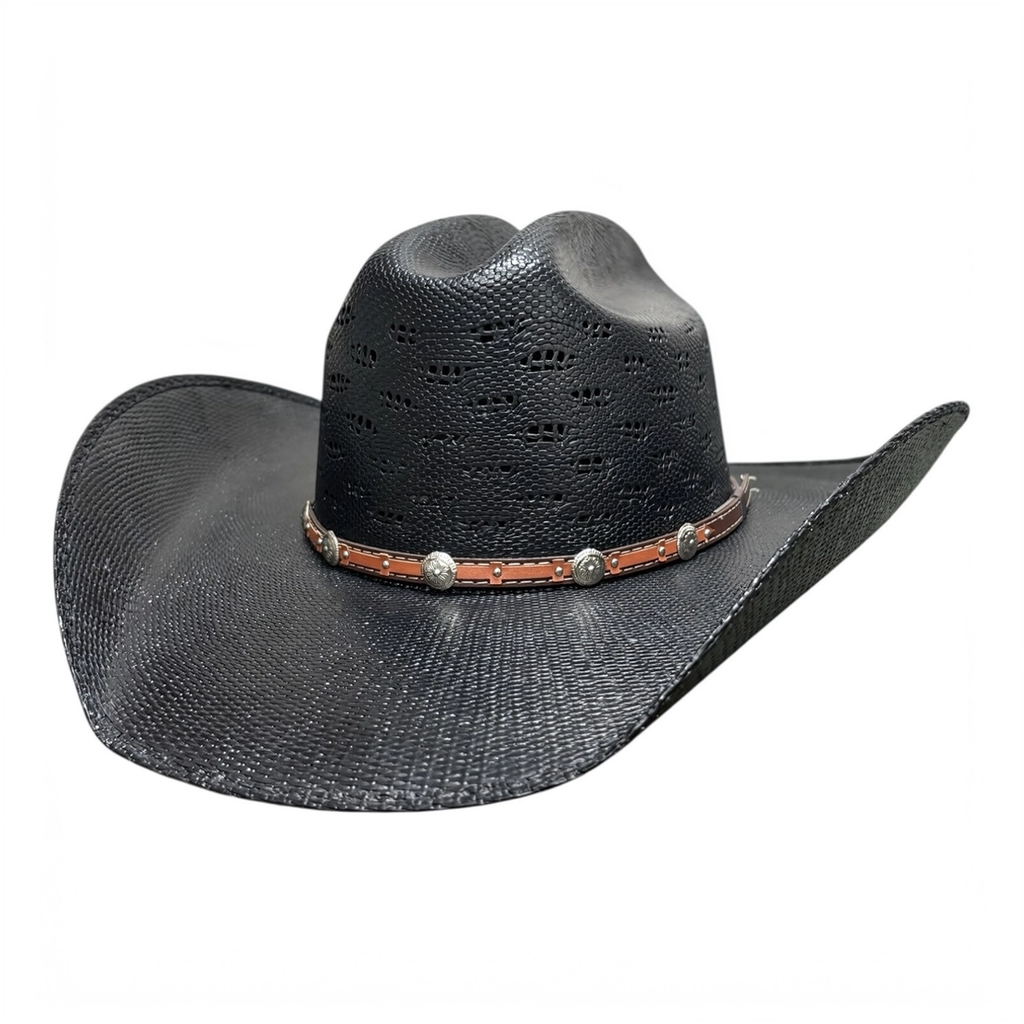 Black Coyote Bangora straw cowboy hat with brown concho band, angled front view