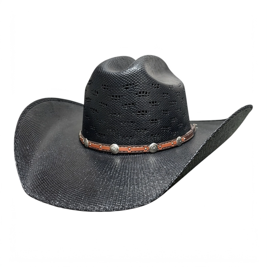 Black Coyote Bangora straw cowboy hat with brown concho band, angled front view