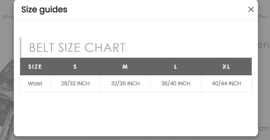 Belt size chart: S 28-32in, M 32-36in, L 36-40in, XL 40-44in