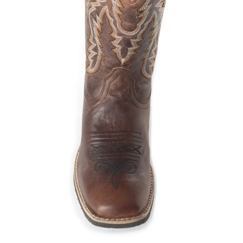 Front detail of Salvage Oesle brown leather boot showing toe and embroidery