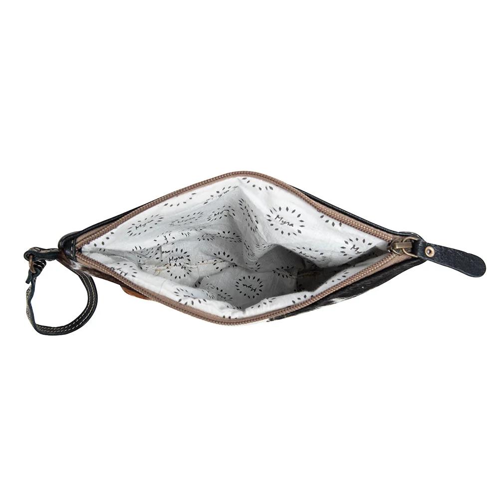 Tyler Ridge Hair-on Hide Pouch - interior view showing Myra branded lining