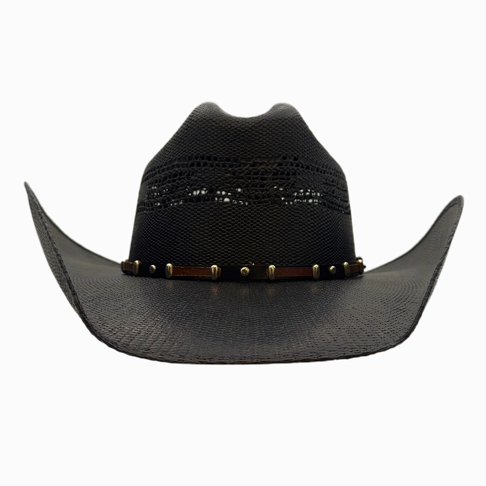 Black Montana straw cowboy hat with vented crown and Western hat band