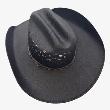 Overhead view of the black Coyote straw cowboy hat showing its cattleman crown