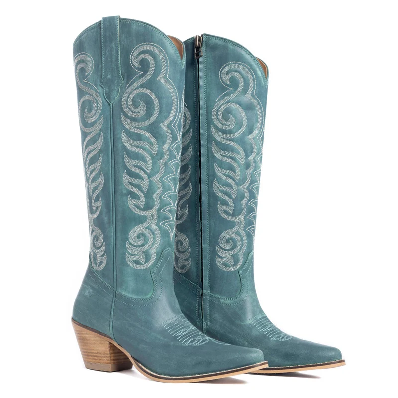Nalejandra deep turquoise leather cowboy boots with Western embroidery and stacked heels