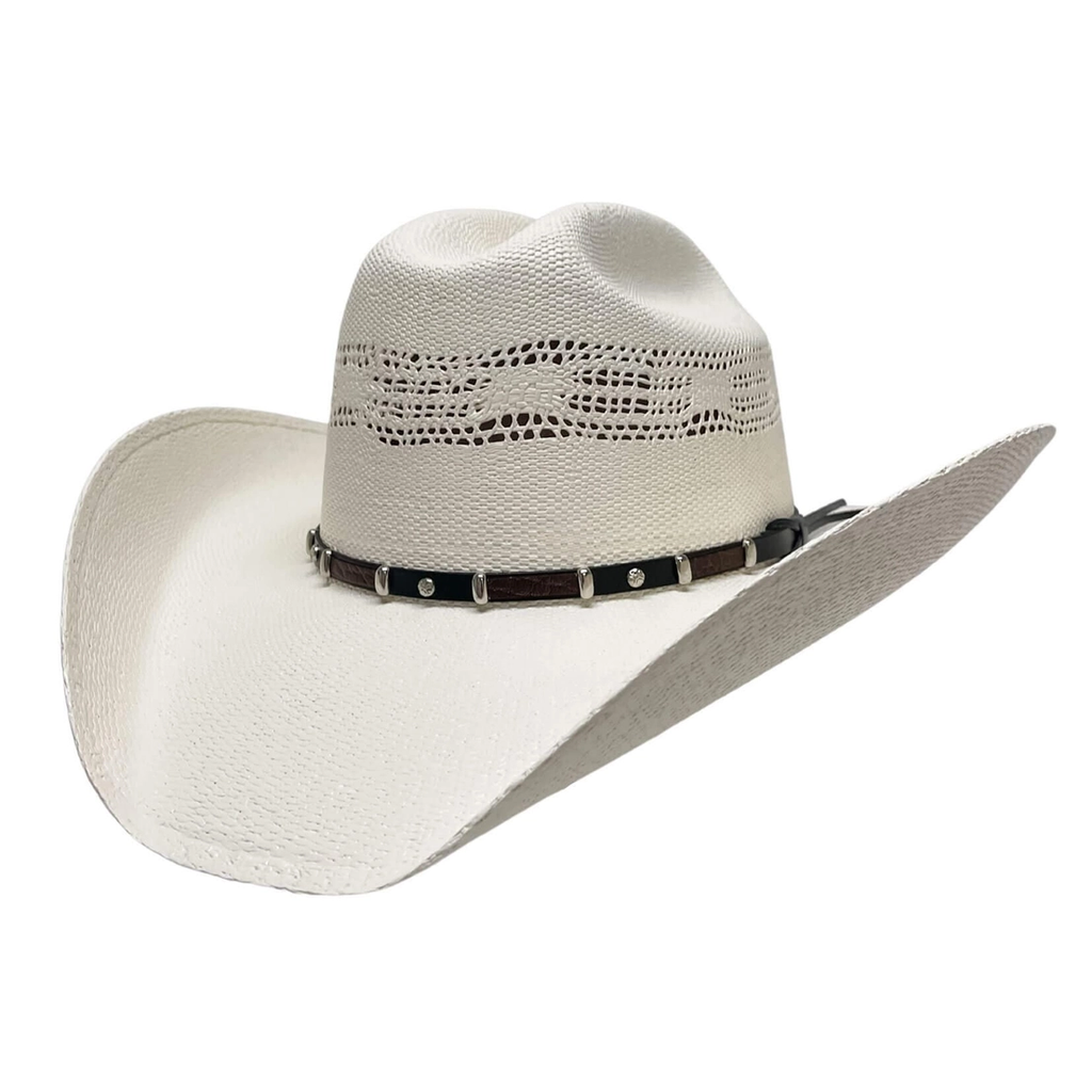 Montana light-coloured straw cowboy hat with vented crown and Western hat band
