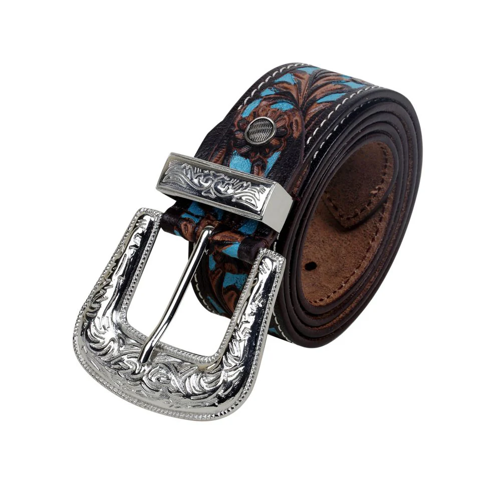 Turquoise floral tooled leather belt with antique silver buckle on white background