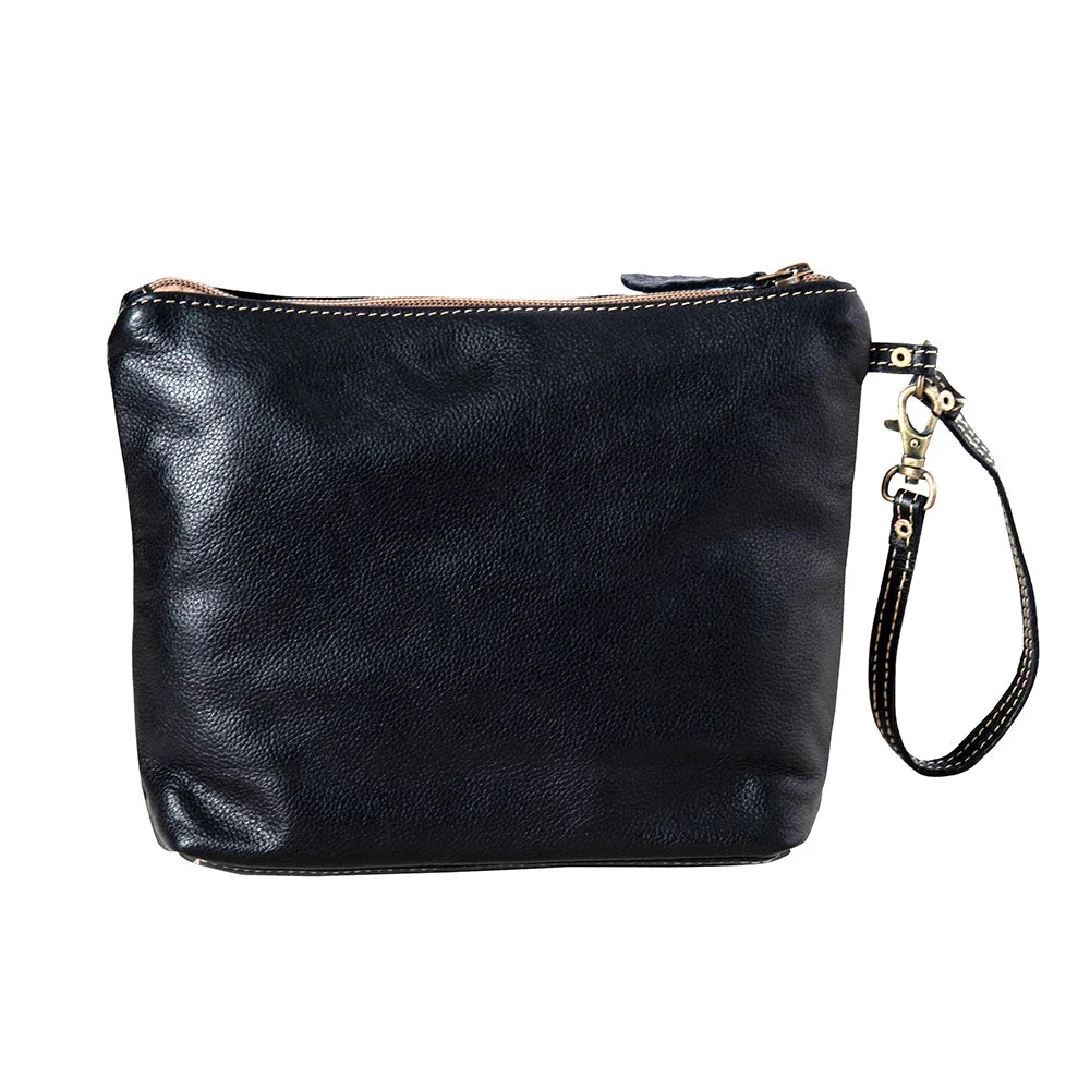 Tyler Ridge Hair-on Hide Pouch - back view showing black leather exterior