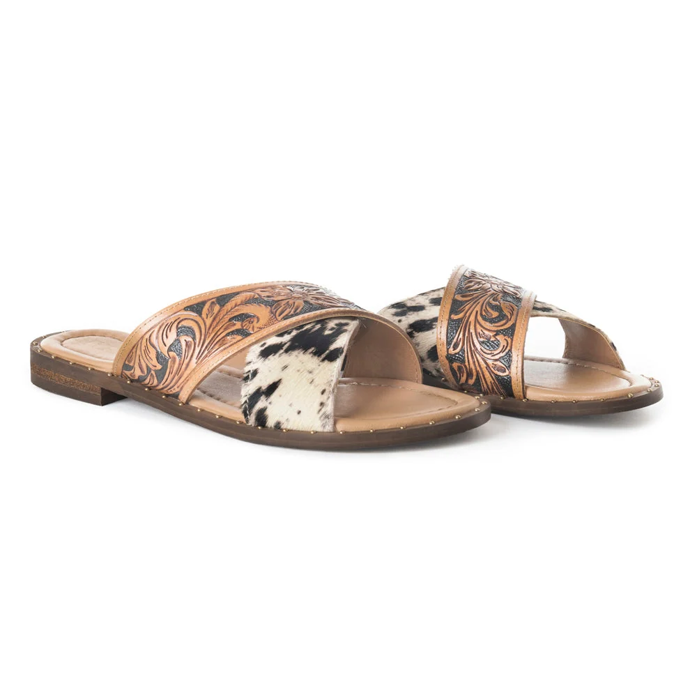 Myra Chappy Hair-on Leather Sandals - pair on white background showing tooled leather and cowhide straps