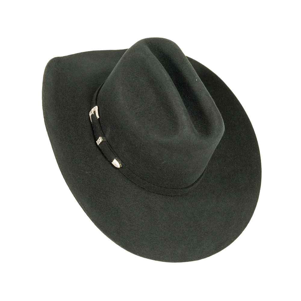 Overhead view of the black Cattleman wool felt cowboy hat showing its creased crown and three-piece buckle band