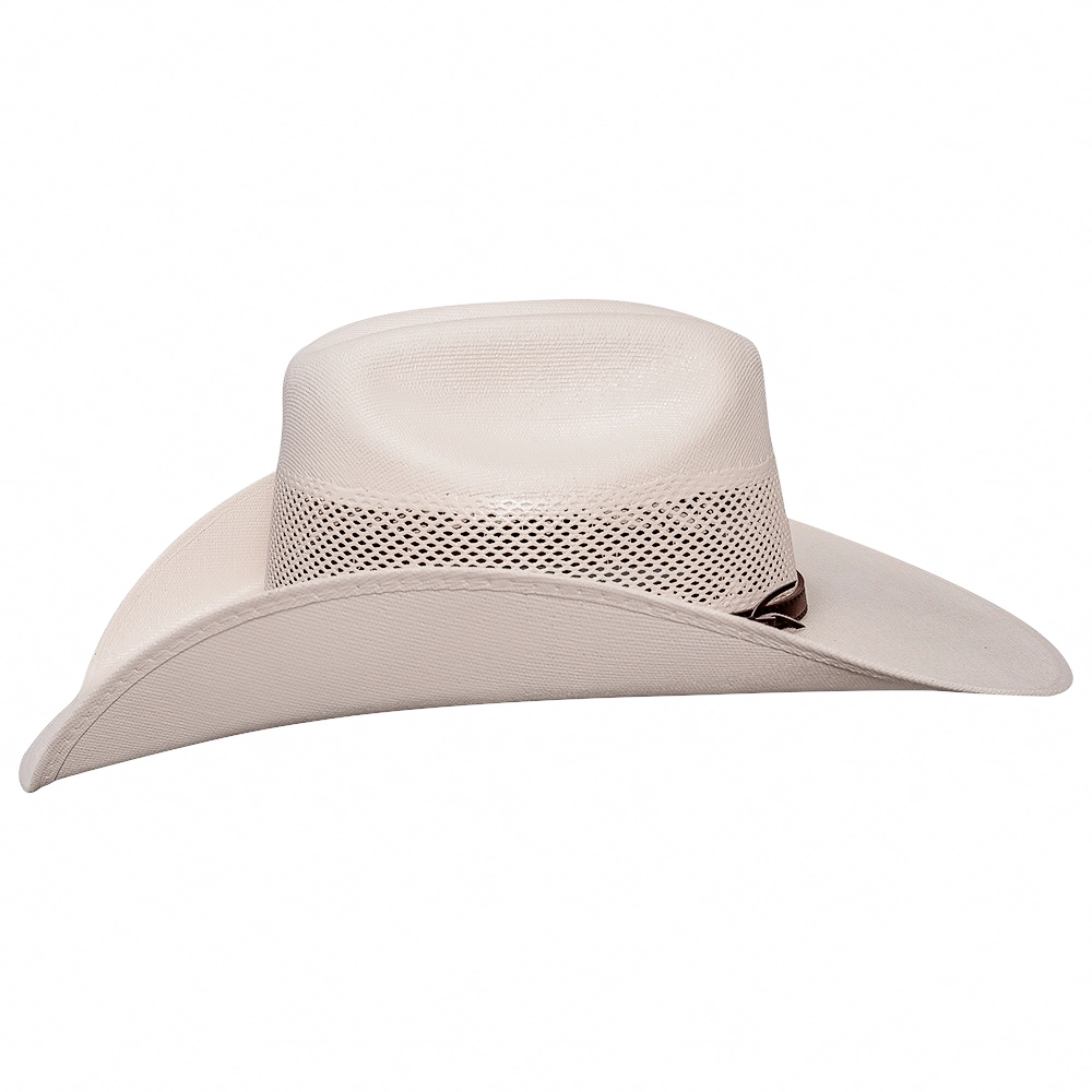 Side view of the Austin light-coloured straw cowboy hat showing its vented crown and curved brim