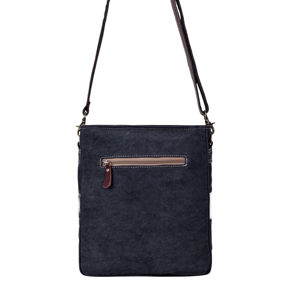 Forest Sky Shoulder Bag - back view showing denim canvas exterior and zip pocket