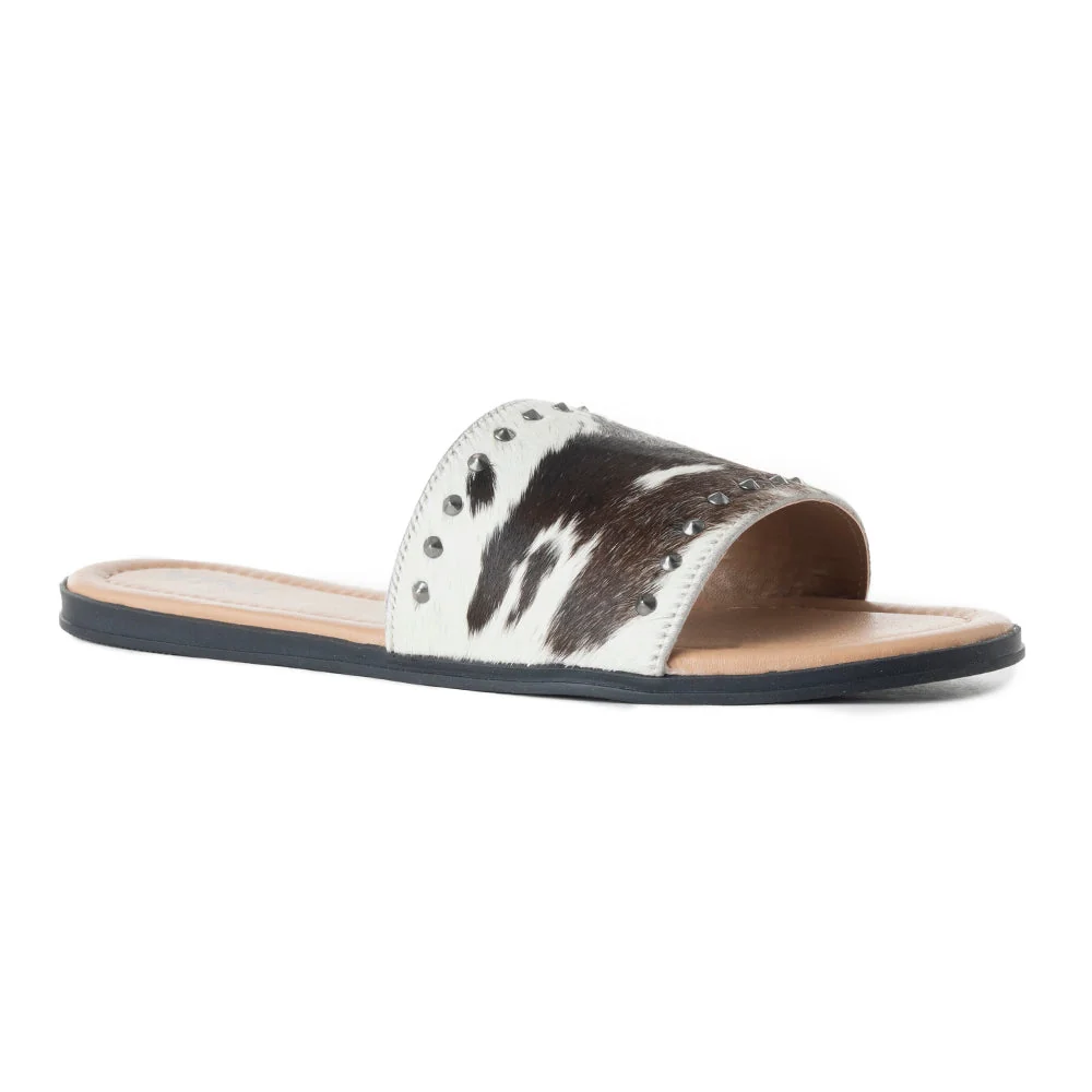 Myra Wild Dust Hair-on Leather Sliders - side profile on white background