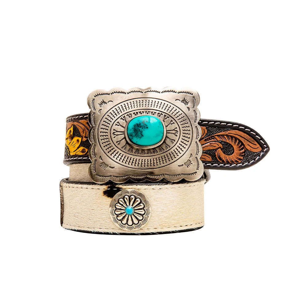 Klepto Hand-Tooled Concho Women's Belt - front view showing turquoise concho buckle and hair-on hide panel