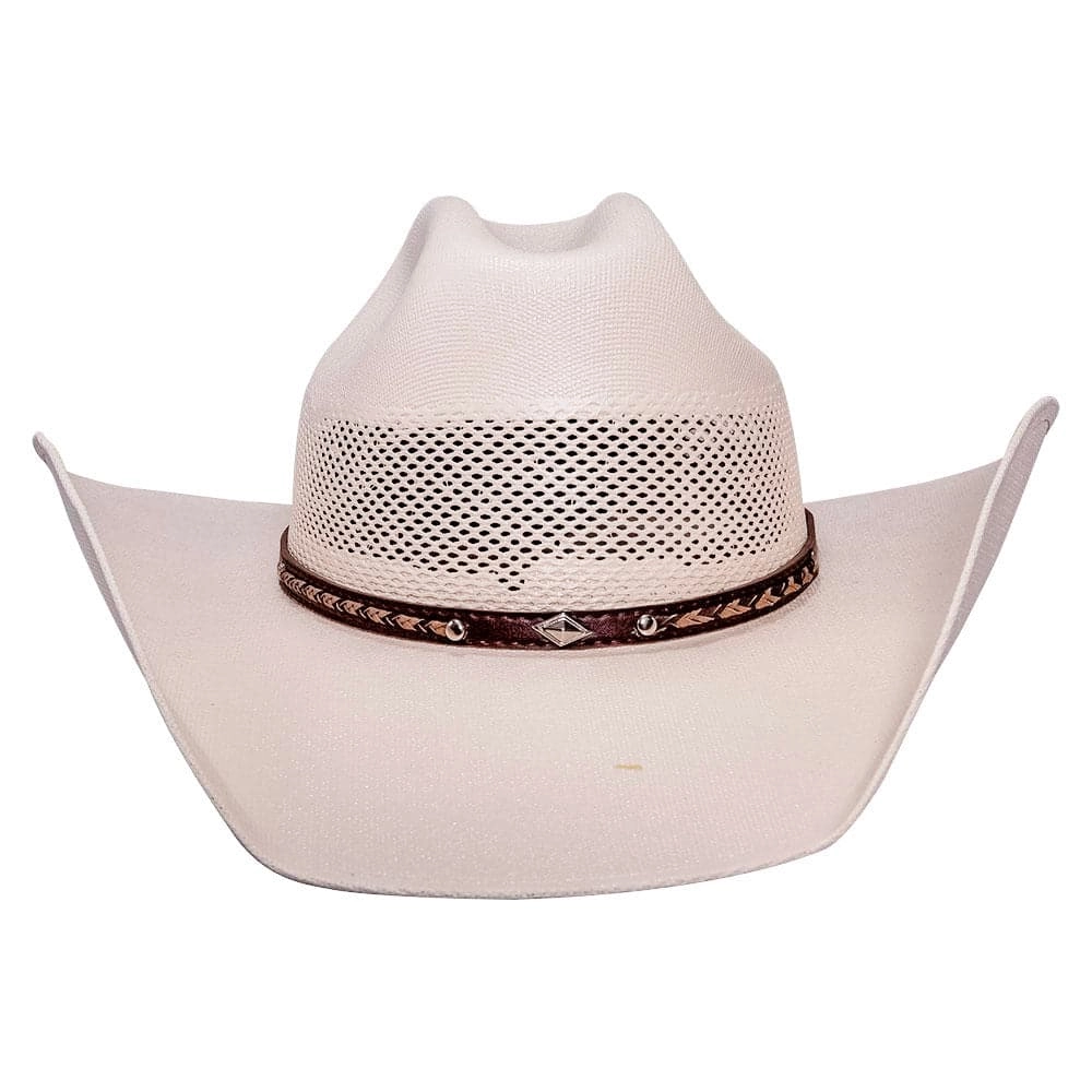 Austin light-coloured straw cowboy hat with vented crown and decorative brown Western band