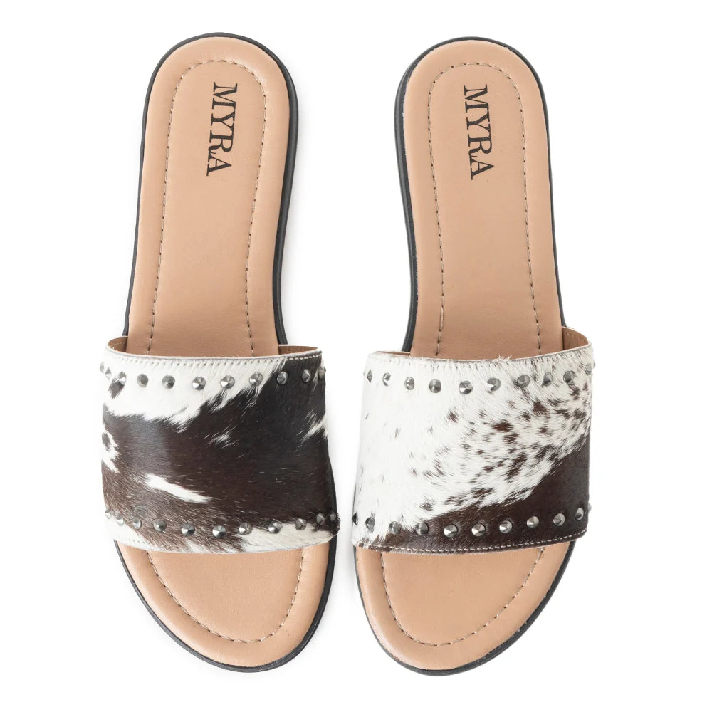 Myra Wild Dust Hair-on Leather Sliders - top view on white background